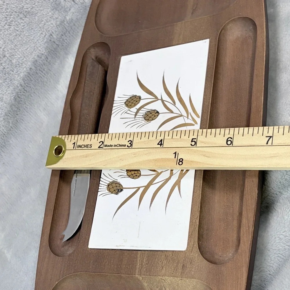 Vintage MCM Oval‎ Wood Cheese Board Ceramic Tile Pine Cone Botanical + Knife